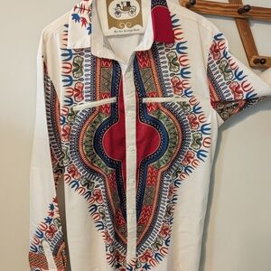 Men's Dashiki African Printed Fabric Silky Soft XXL Button Down Dress Shirt